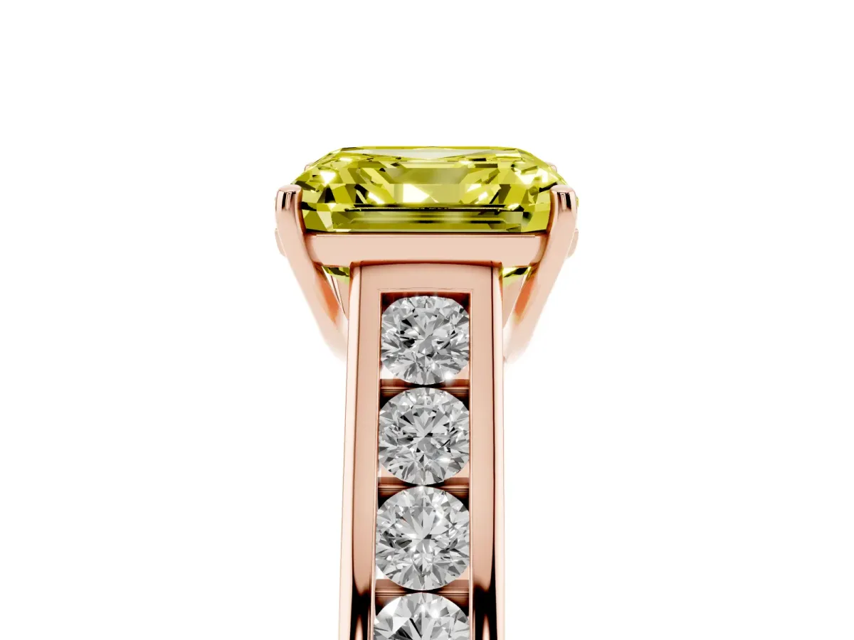 Fancy Yellow Asscher Cut Brilliant Channel-Set Solitaire Ring with Four-Prong Setting Rose gold