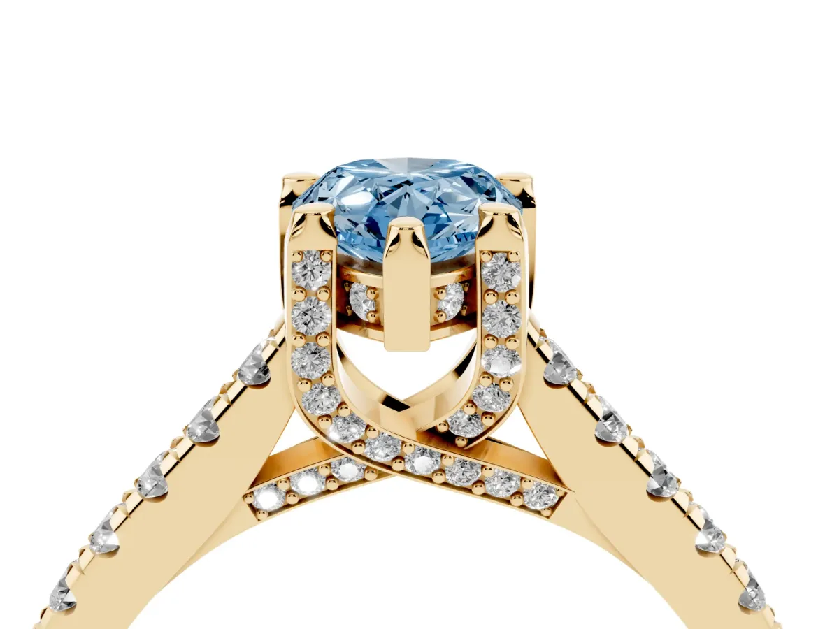 Fancy Blue Pear Cut Brilliant Diamond Solitaire with Pavé Band and Four-Prong Setting Yellow gold