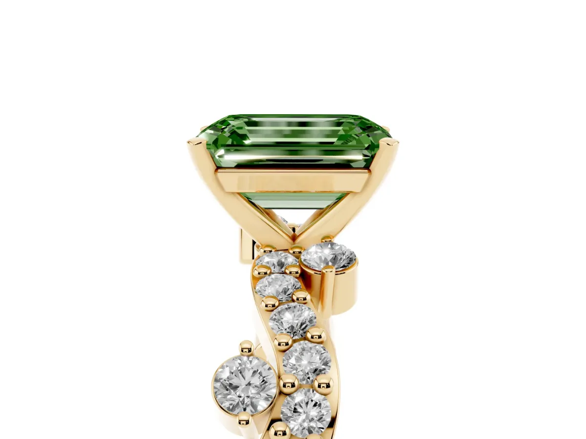 Fancy Green Emerald Cut Cut Solitaire Diamond Twisted Band with Pave Setting Yellow gold