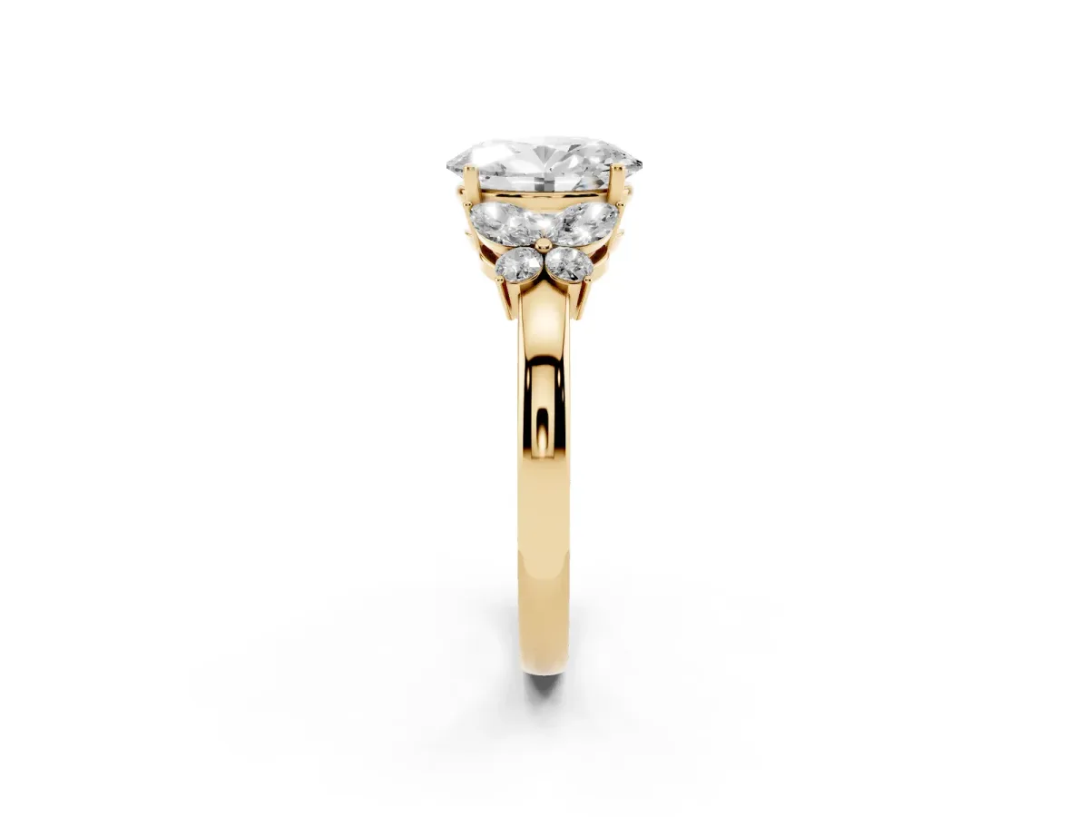 Oval Cut Cut Solitaire Floral Diamond Ring with Four-Prong Setting Yellow gold