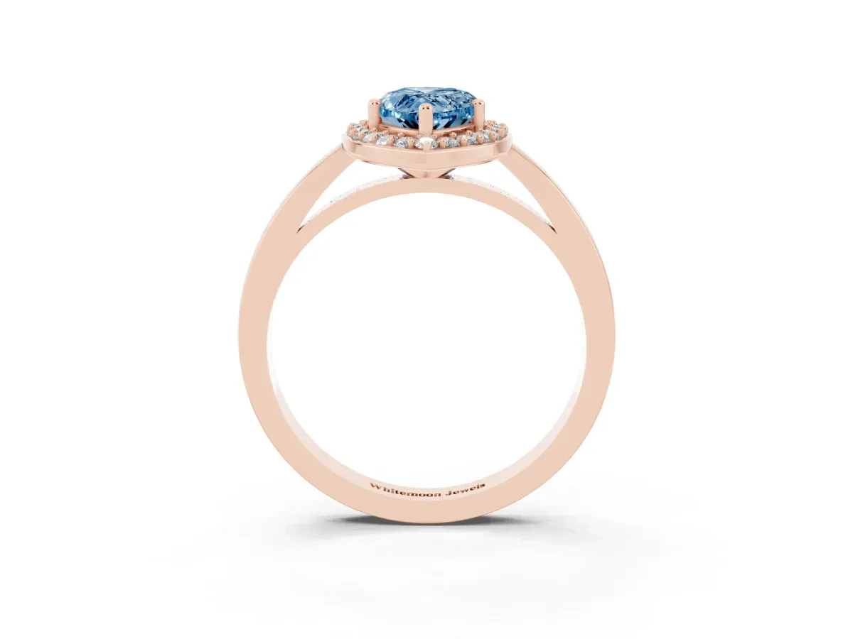 Fancy Blue Pear Cut Halo Diamond Ring with Solitaire Band and Prong Setting Rose gold