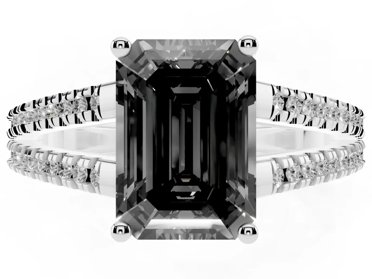 Fancy Black Emerald Cut Diamond Solitaire Engagement Ring with Split Shank Pavé Band Silver