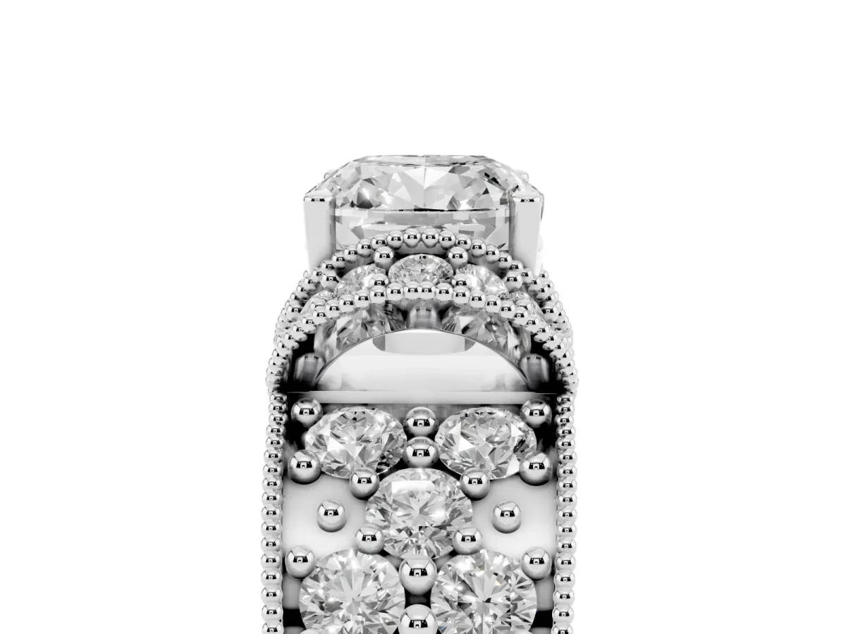 Cushion Cut Halo Pave Diamond Engagement Ring with Milgrain Detailing Silver