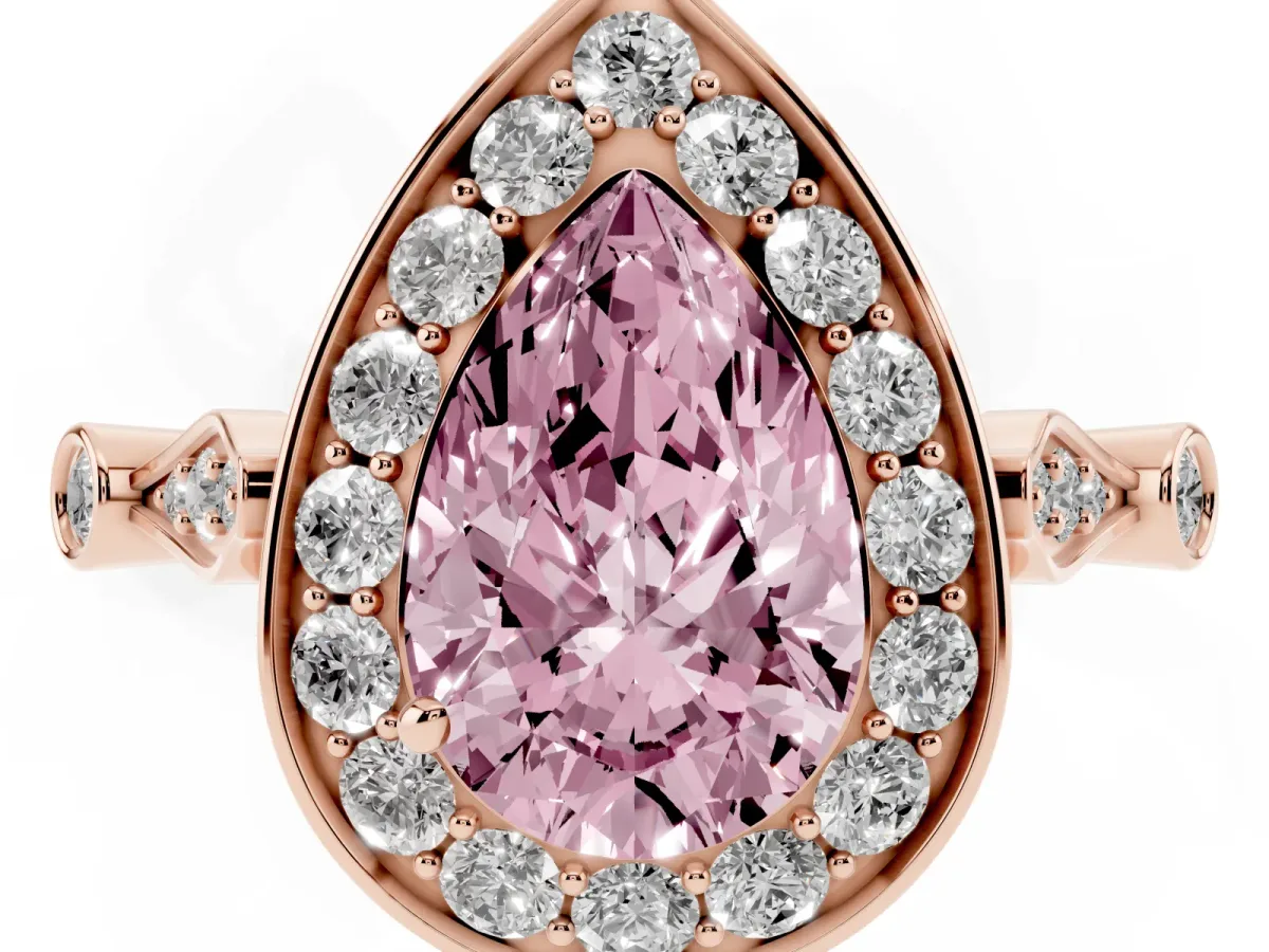 Fancy Pink Pear Cut Halo Diamond Engagement Ring with Twisted Band and Four-Prong Setting Rose gold