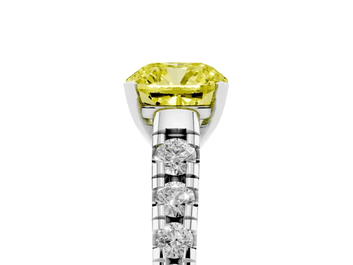 Fancy Yellow Cushion Cut Diamond Cathedral Solitaire Ring with Round Pavé Band Silver