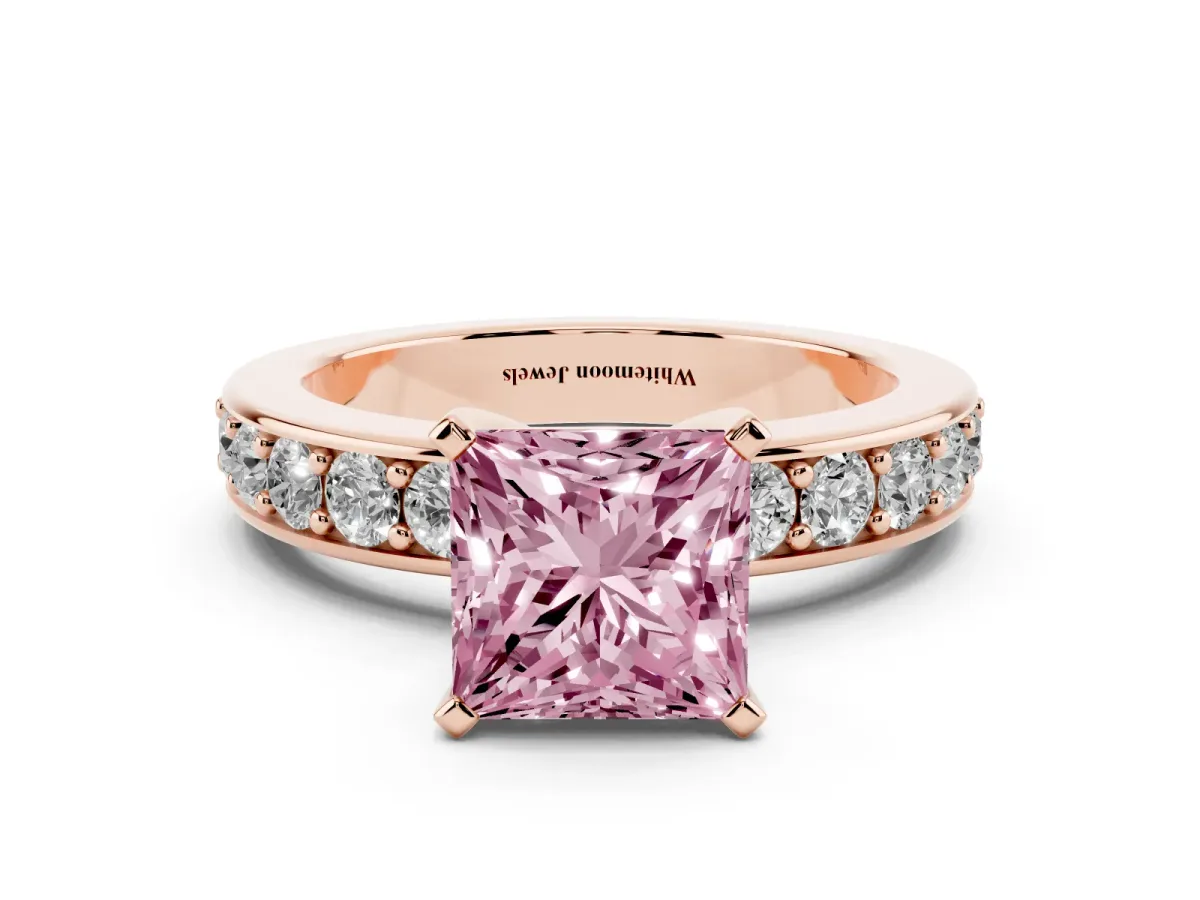 Fancy Pink Princess Cut Diamond Engagement Ring with Channel Set Round Band and Prong Setting Rose gold