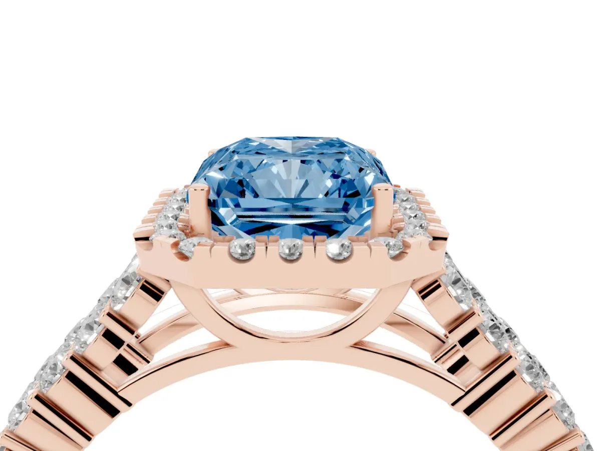 Fancy Blue Radiant Cut Diamond Halo Engagement Ring with Triple Row Round Pavé Band and Prong Setting Rose gold