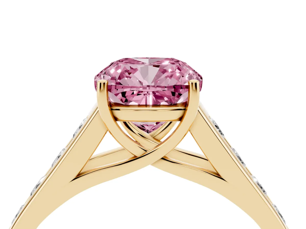 Fancy Pink Cushion Cut Solitaire Channel-Set Diamond Engagement Ring with Four-Prong Setting Yellow gold
