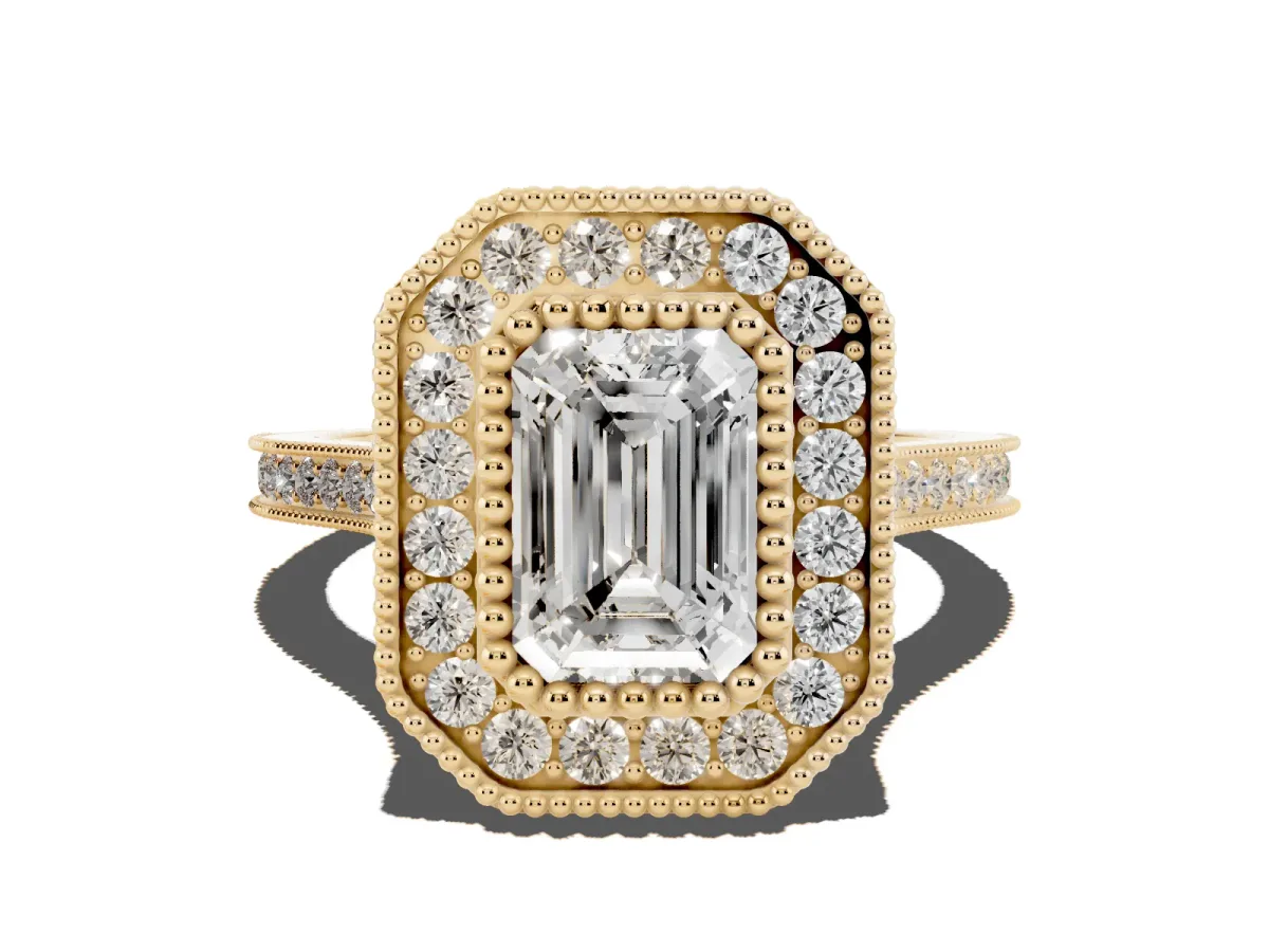 Emerald Cut Diamond Halo Ring with Milgrain Frame and Pavé Band Yellow gold