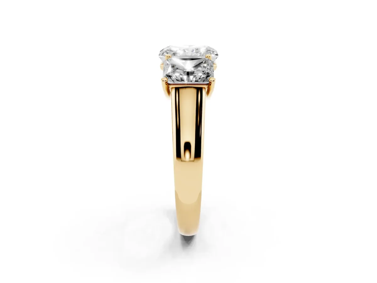 Radiant Cut Three-Stone Diamond Ring with Prong Setting on a Classic Band Yellow gold