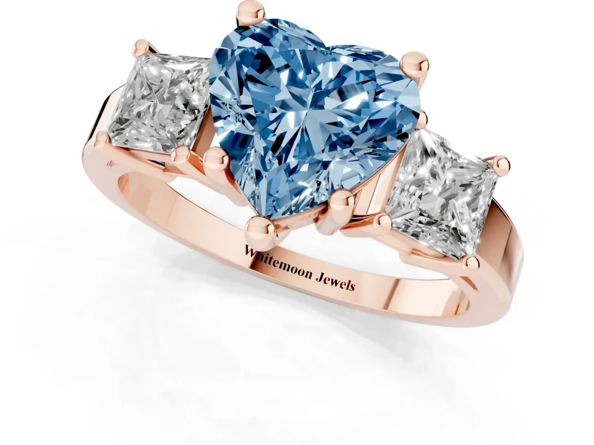 Fancy Blue Three-Stone Heart Cut Cut Solitaire Ring with Prong Setting Rose gold