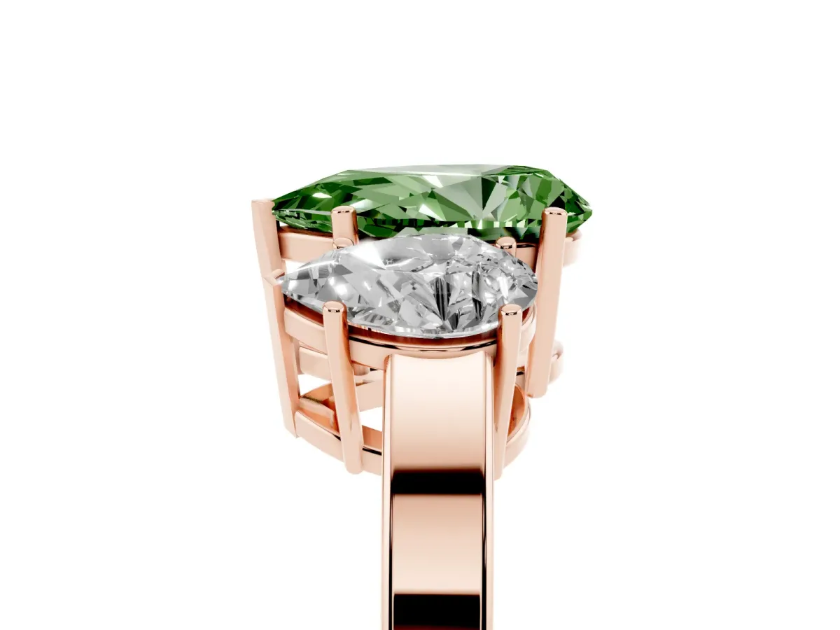 Fancy Green Three-Stone Pear Cut Cut Diamond Engagement Ring with Flat Band and Four-Prong Setting Rose gold