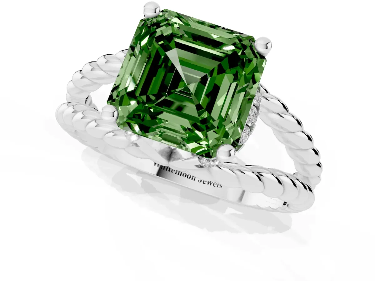 Fancy Green Asscher Cut Halo Twisted Band Four-Prong Ring Silver