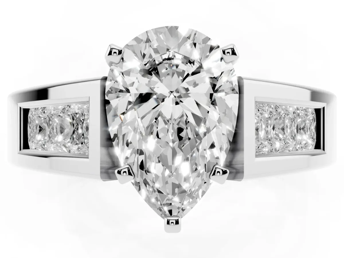 Pear Cut Cut Channel Set Solitaire Ring with Four-Prong Setting White gold