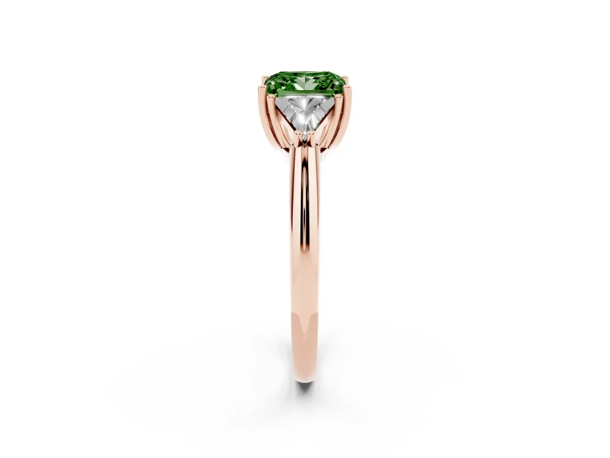 Fancy Green Three-Stone Princess Cut Diamond Engagement Ring with Trillion Side Stones and Prong Setting Rose gold