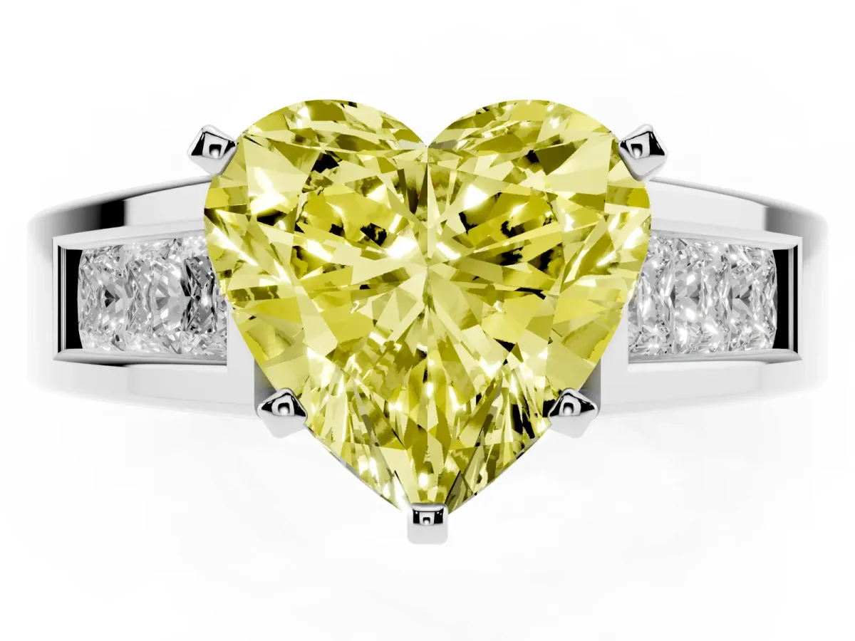 Fancy Yellow Heart Cut Cut Channel Set Solitaire Ring with Four-Prong Setting Platinum