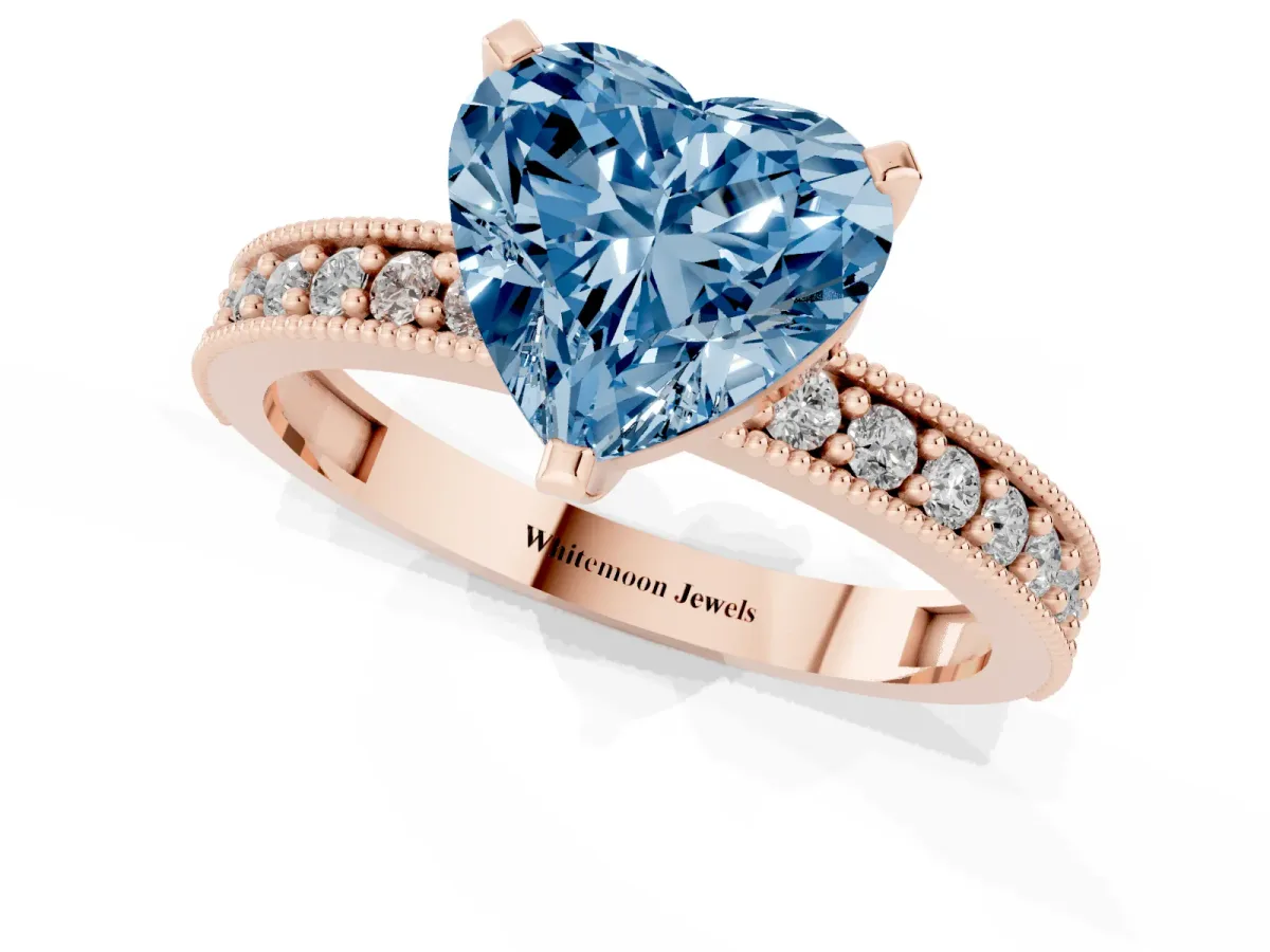 Fancy Blue Heart Cut Diamond Milgrain Pavé Engagement Ring with Four-Prong Setting Rose gold