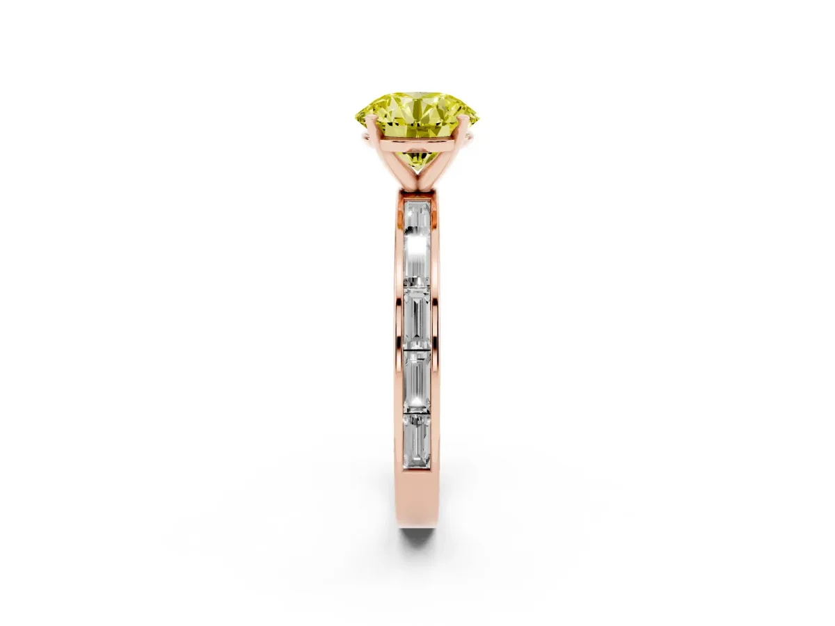 Fancy Yellow Round Cut Solitaire Diamond Ring with Channel-Set Baguette Band and Four-Prong Setting Rose gold
