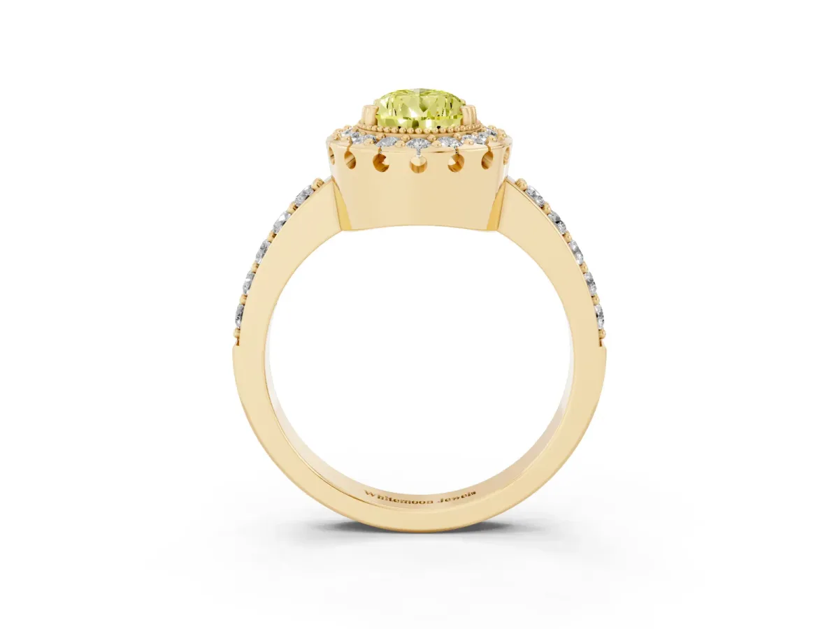Fancy Yellow Pear Cut Diamond Halo Ring with Pavé Band and Prong Setting Yellow gold