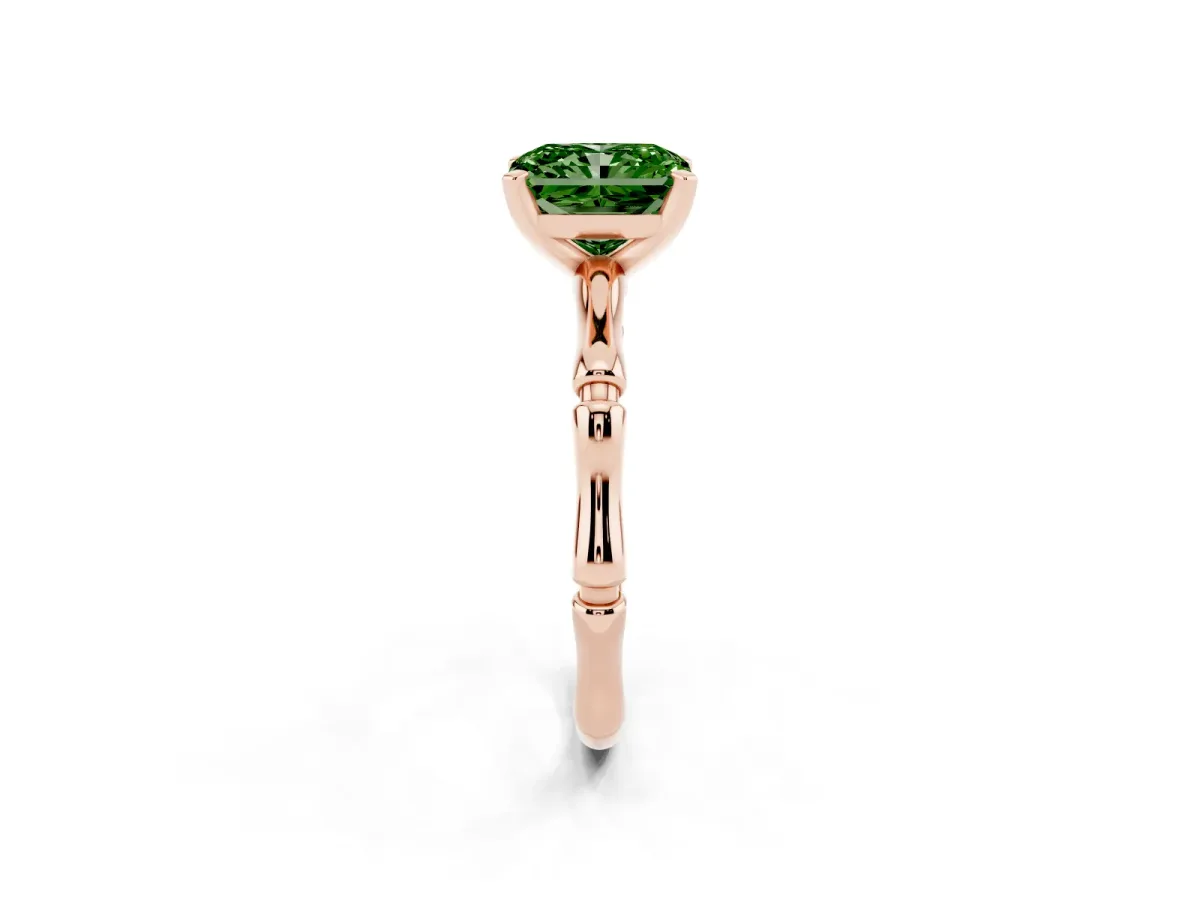 Fancy Green Radiant Cut Solitaire Diamond Ring with Bamboo Band and Four-Prong Setting Rose gold