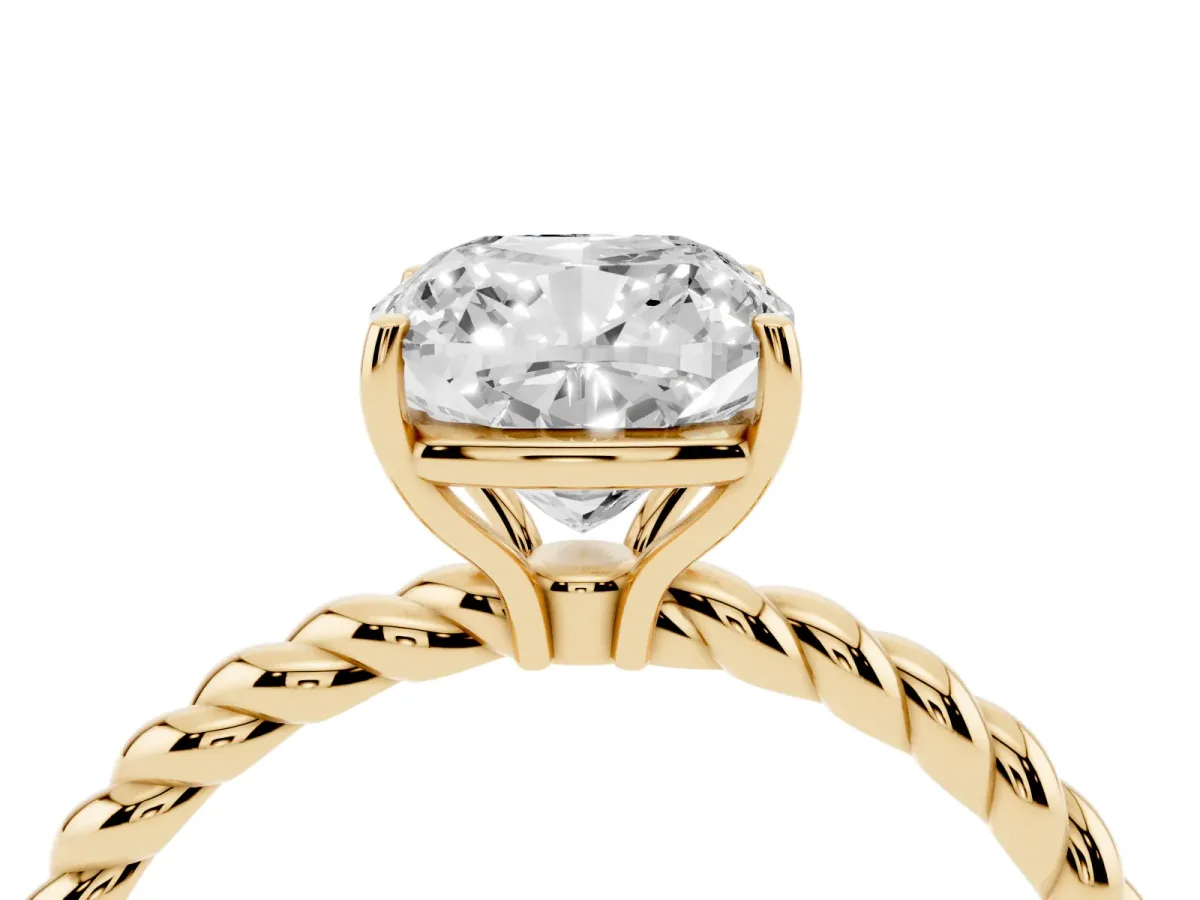 Cushion Cut Solitaire Twist Band Ring with Four-Prong Setting Yellow gold