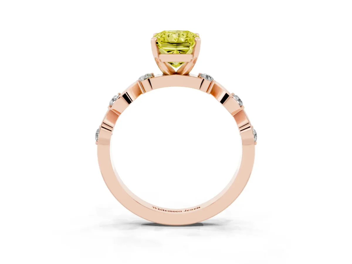 Fancy Yellow Radiant Cut Diamond Solitaire Twisted Band with Round Accents and Prong Setting Rose gold