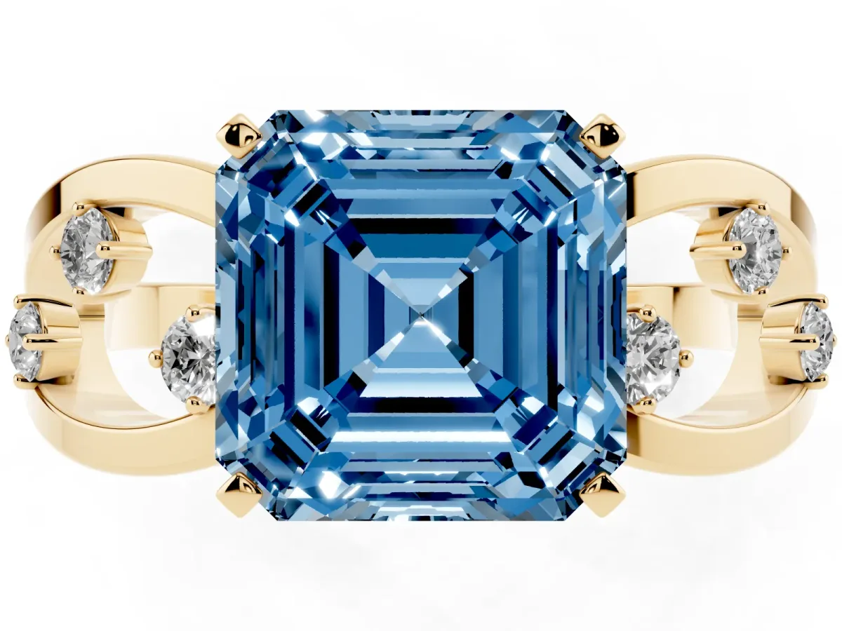 Fancy Blue Asscher Cut Cut Solitaire Diamond with Side Stones on Criss-Cross Band and Four-Prong Setting Yellow gold