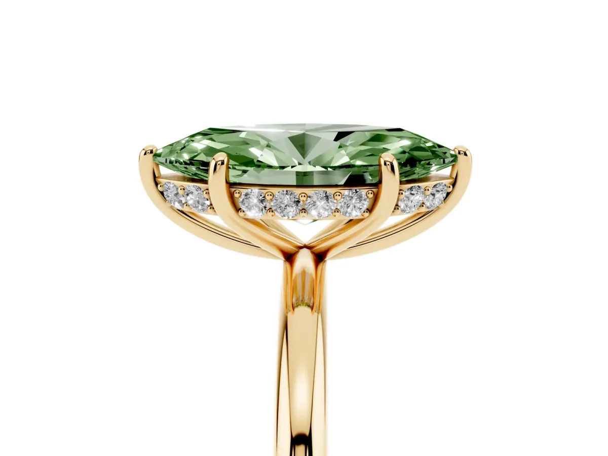 Fancy Green Marquise Cut Solitaire Diamond Ring with a Classic Band and Four-Prong Setting Yellow gold