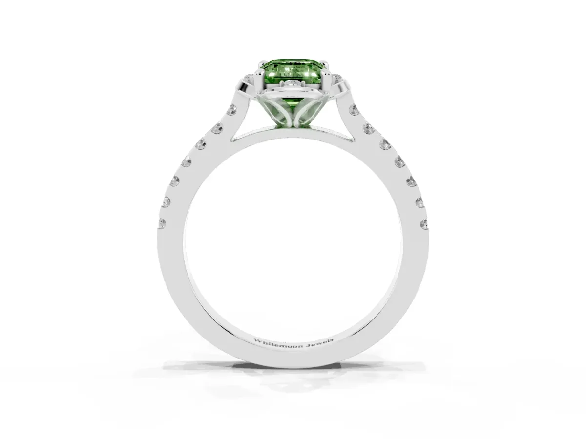 Fancy Green Emerald Cut Diamond Ring with Pavé Band and Floral Prong Setting Silver