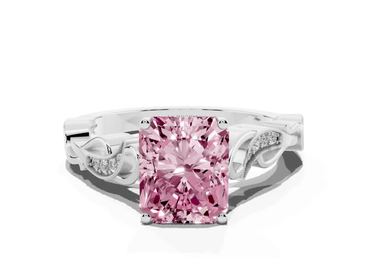 Fancy Pink Radiant Cut Solitaire Vine Band with Milgrain Prong Setting Silver