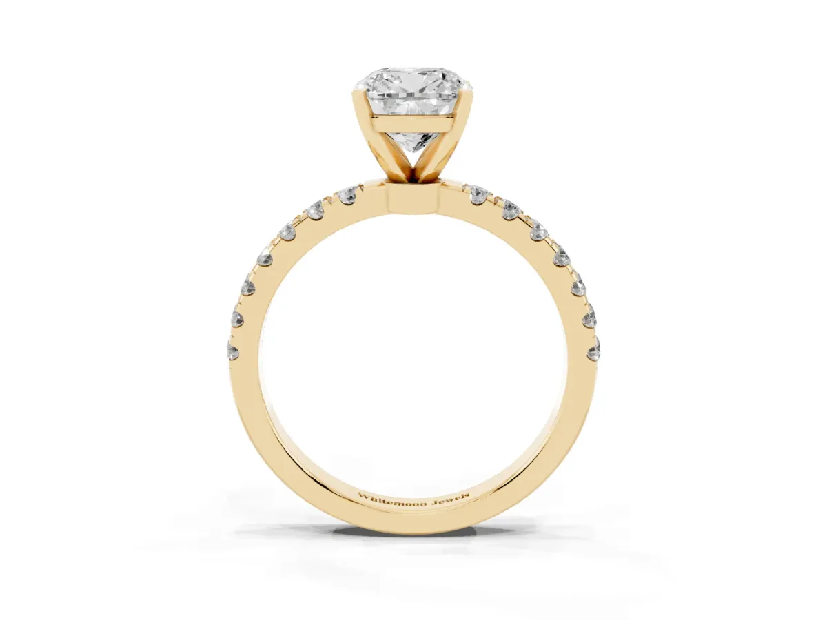 Cushion Cut Diamond Solitaire Ring with Pavé Accents and Four-Prong Setting Yellow gold