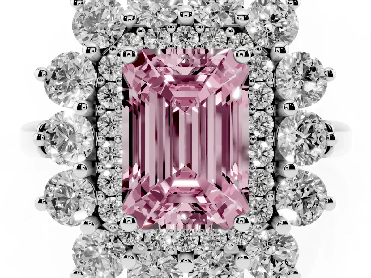 Fancy Pink Emerald Cut Diamond Floral Double Halo Engagement Ring with Prong Setting White gold