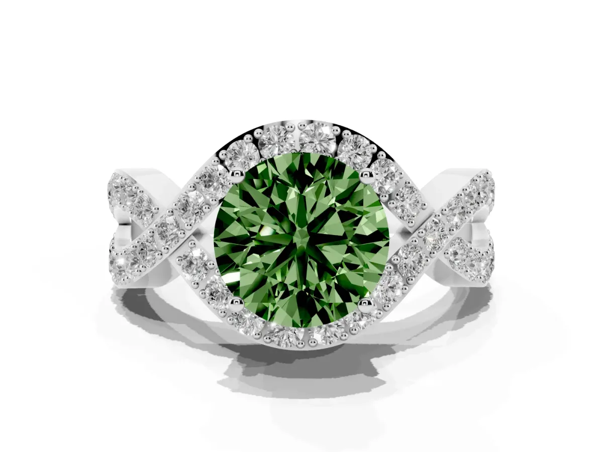 Fancy Green Round Cut Solitaire Twist Band Pavé Diamond Engagement Ring Silver