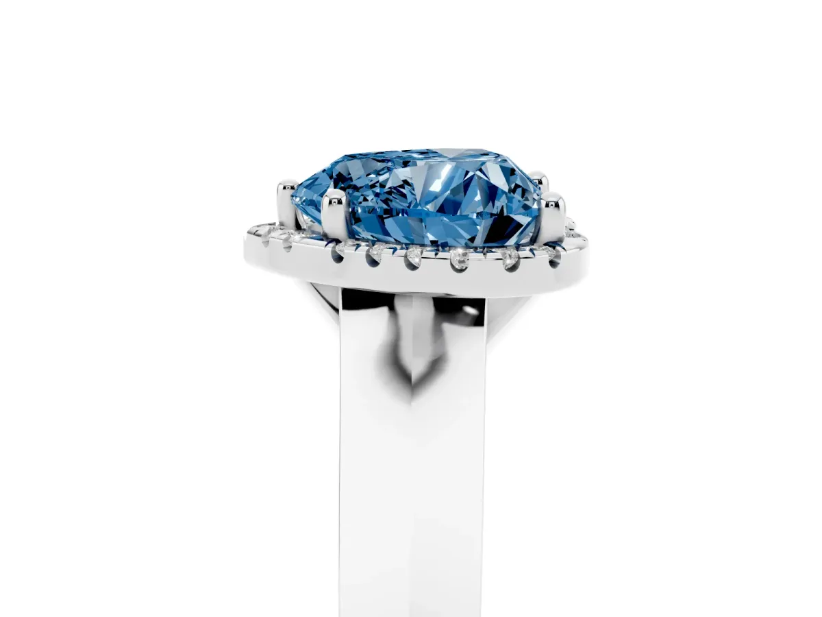 Fancy Blue Heart Cut Halo Diamond Ring with Cathedral Band and Four-Prong Setting Silver