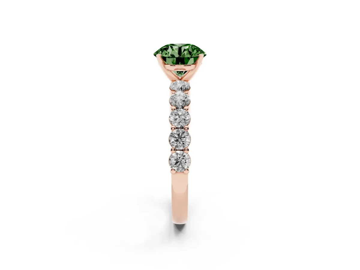Fancy Green Round Cut Diamond Solitaire Ring with Shared Prong Round Side Stones Rose gold