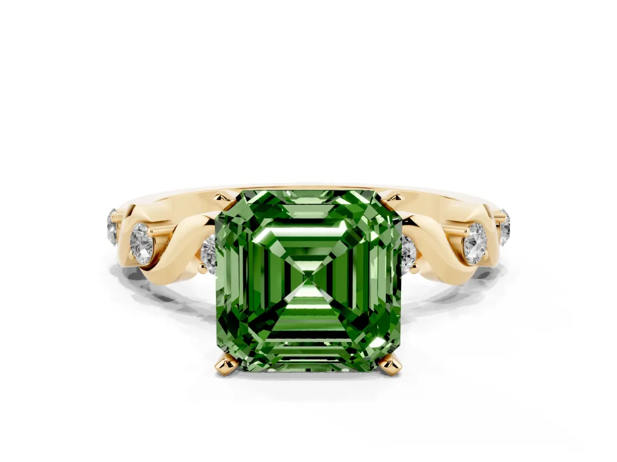 Fancy Green Asscher Cut Diamond Solitaire Twisted Band with Round Accents and Prong Setting Yellow gold