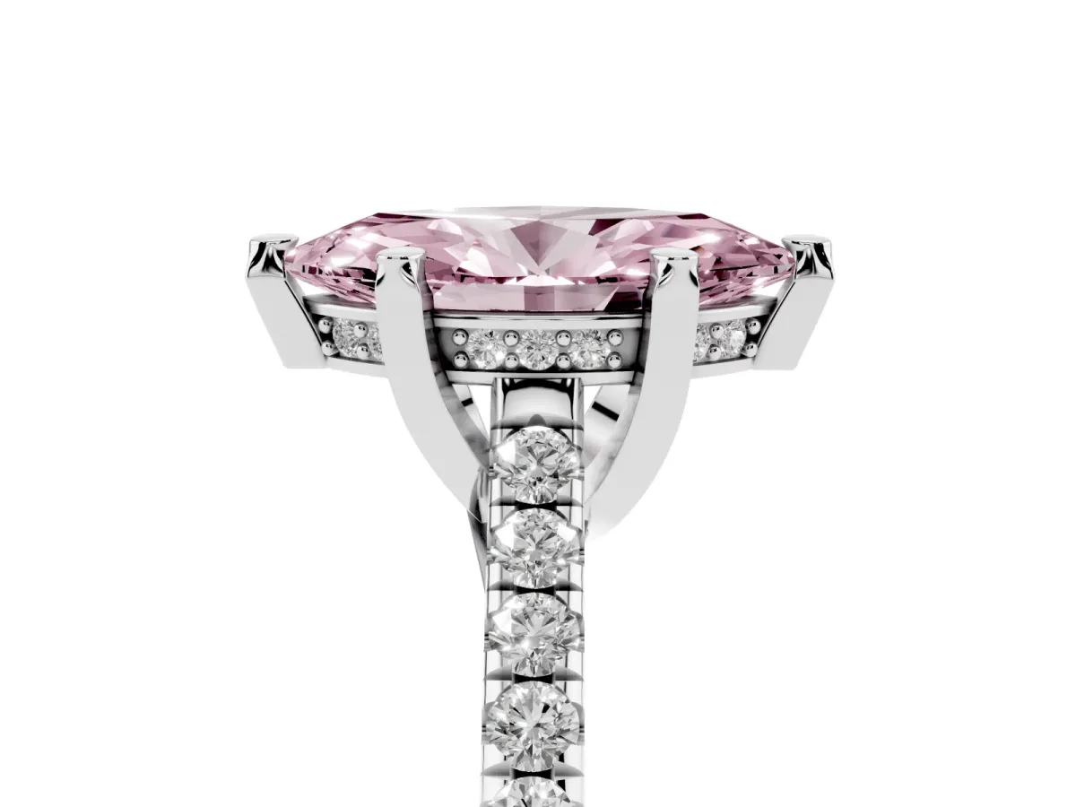 Fancy Pink Marquise Cut Brilliant Diamond Solitaire with Pavé Band and Four-Prong Setting Silver