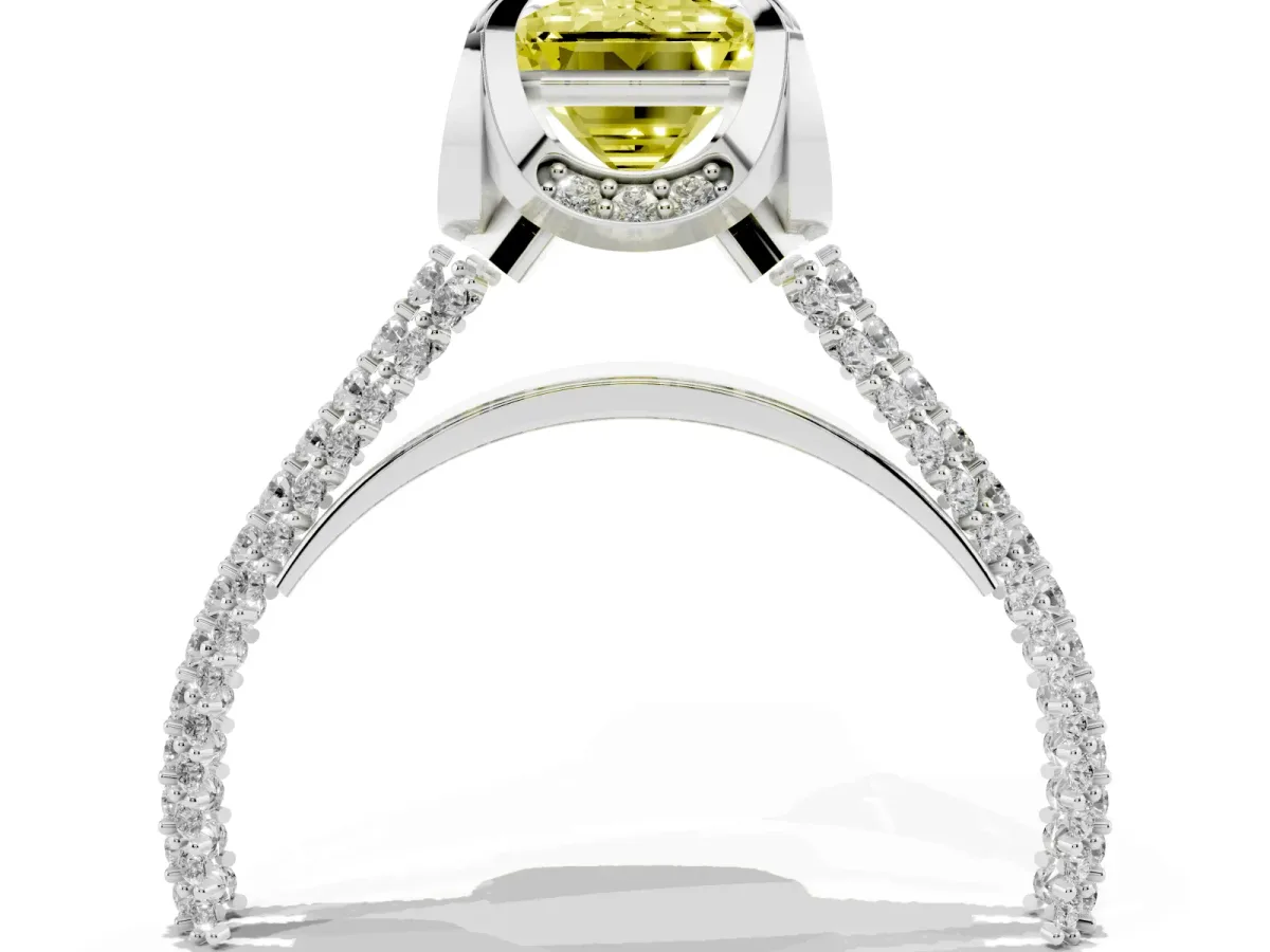Fancy Yellow Emerald Cut Solitaire Pave Split Shank Ring with Four-Prong Setting Platinum