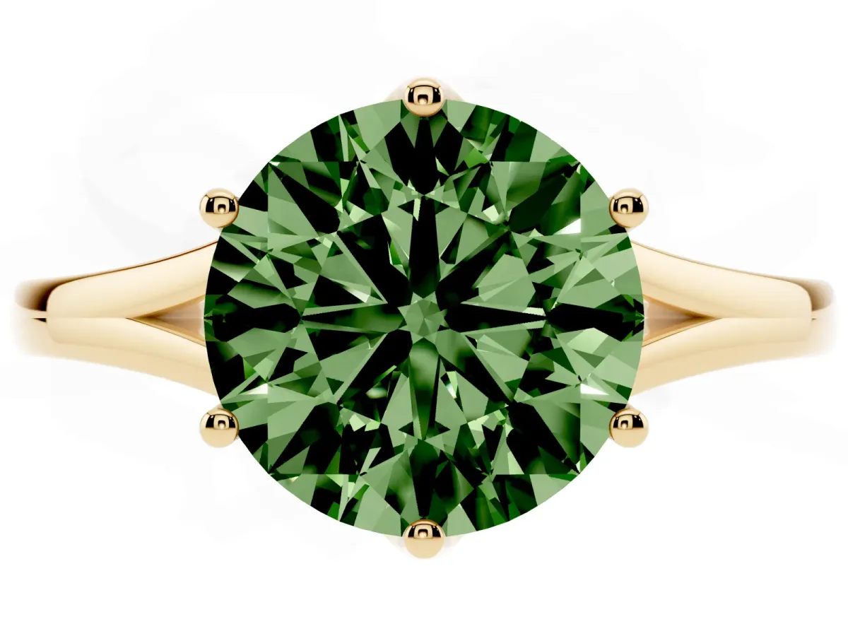 Fancy Green Round Cut Solitaire Diamond Ring with Six-Prong Setting and Tapered Band Yellow gold