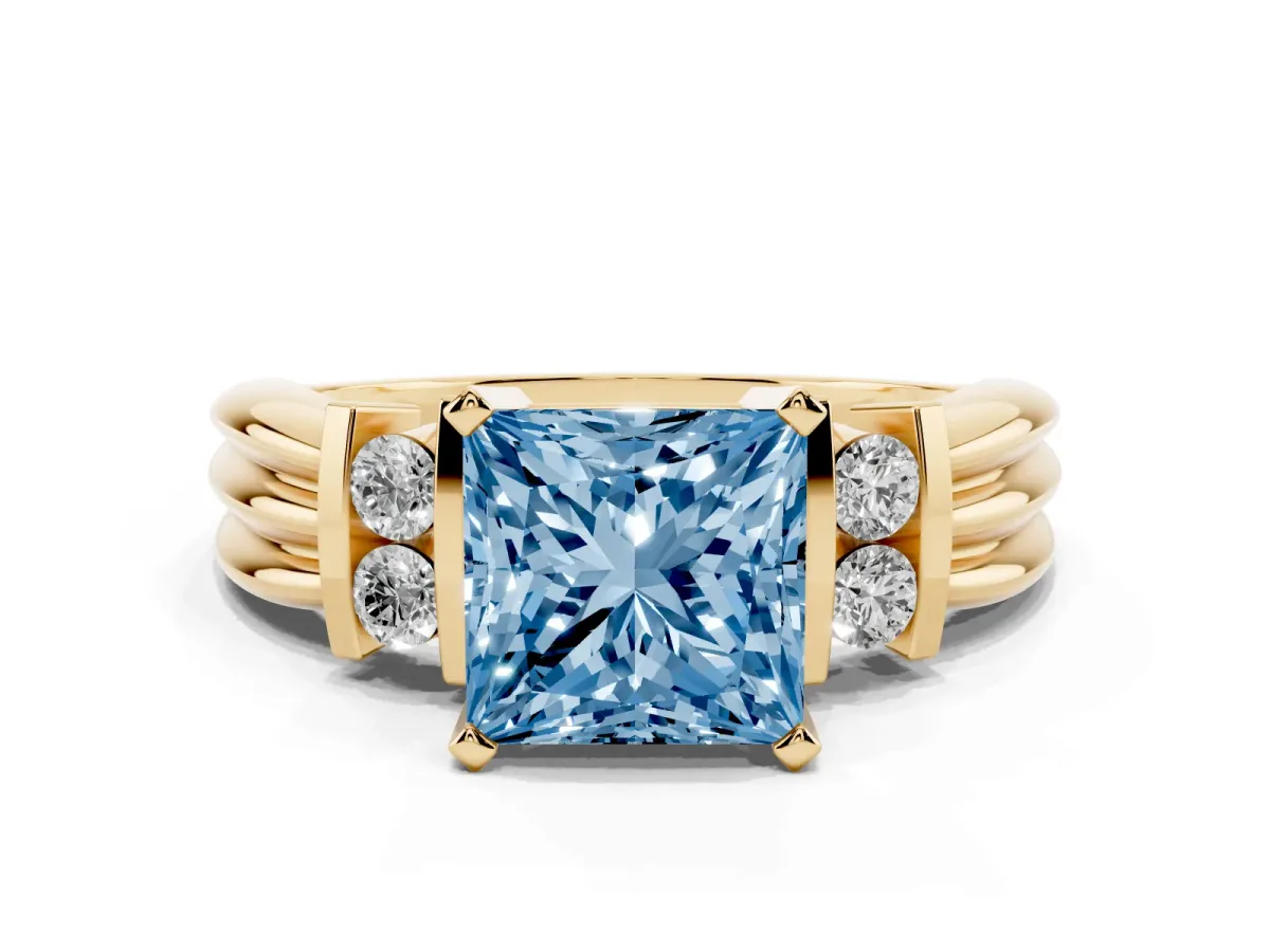 Fancy Blue Princess Cut Cut Three-Stone Channel Set Ring with Bar Prongs Yellow gold