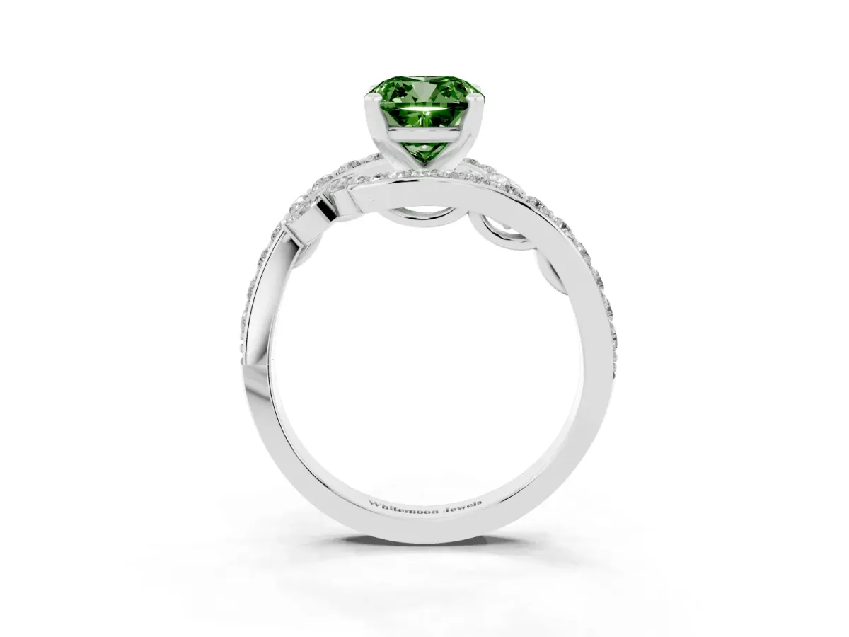Fancy Green Cushion Cut Solitaire with Pavé Twist Band and Four-Prong Setting Platinum