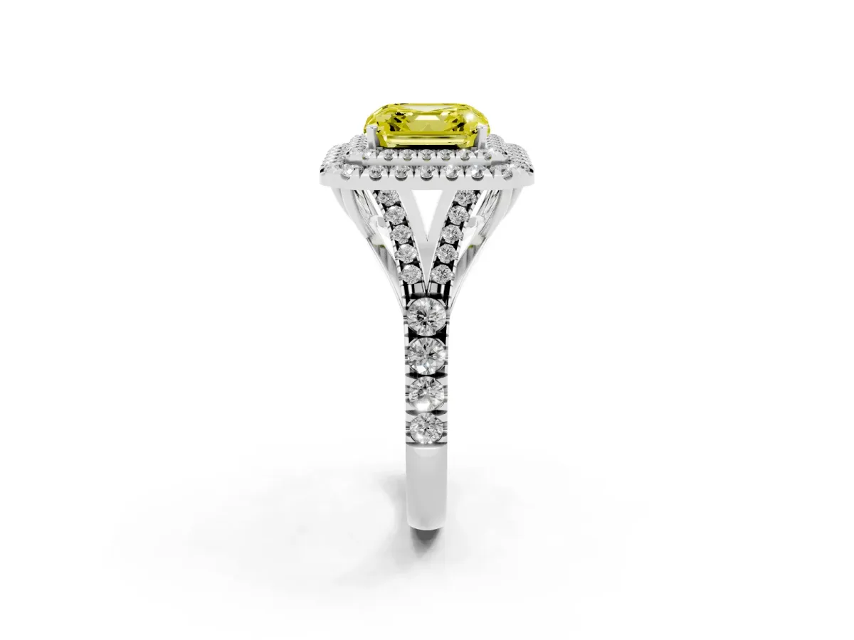 Fancy Yellow Asscher Cut Cut Double Halo Split Shank Diamond Ring with Prong Setting Platinum