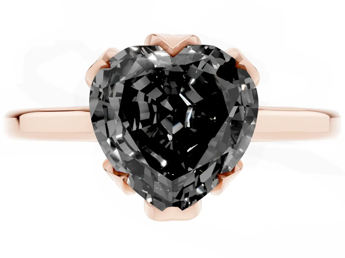 Fancy Black Heart Cut Diamond Solitaire Ring with Flower Prong Setting and Classic Band Rose gold