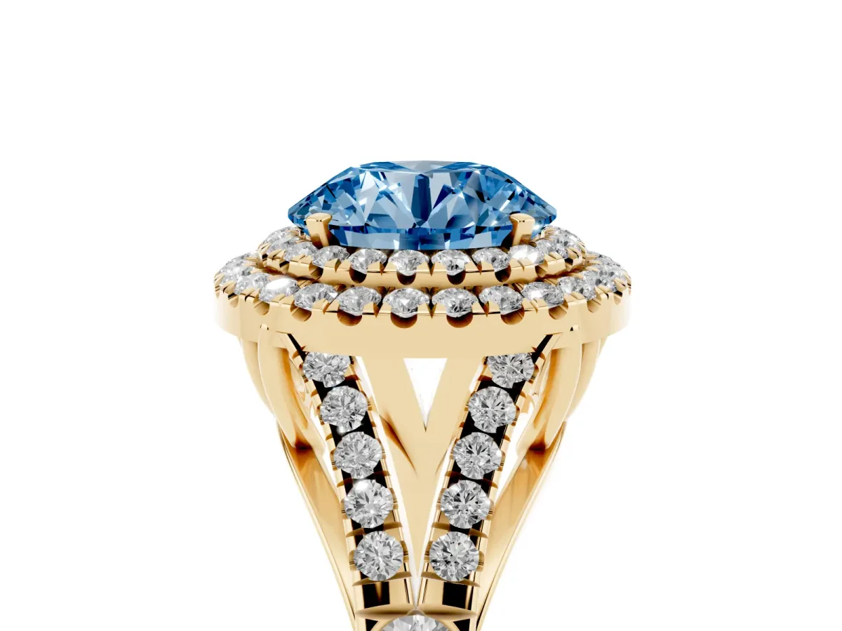 Fancy Blue Round Cut Diamond Pavé Split Shank Double Halo Engagement Ring Yellow gold