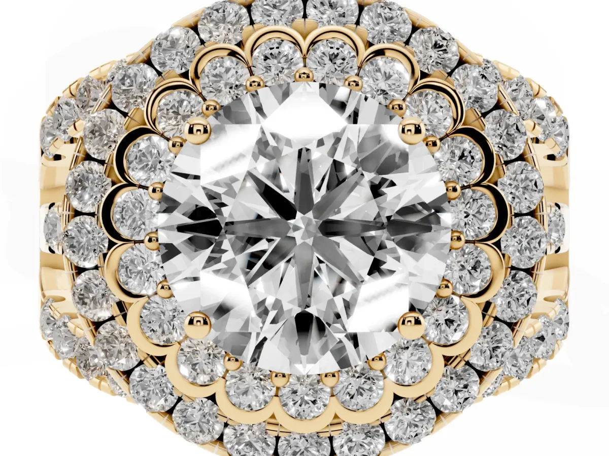 Round Cut Diamond Double Halo Ring with Round Pavé Split Shank and Prong Setting Yellow gold