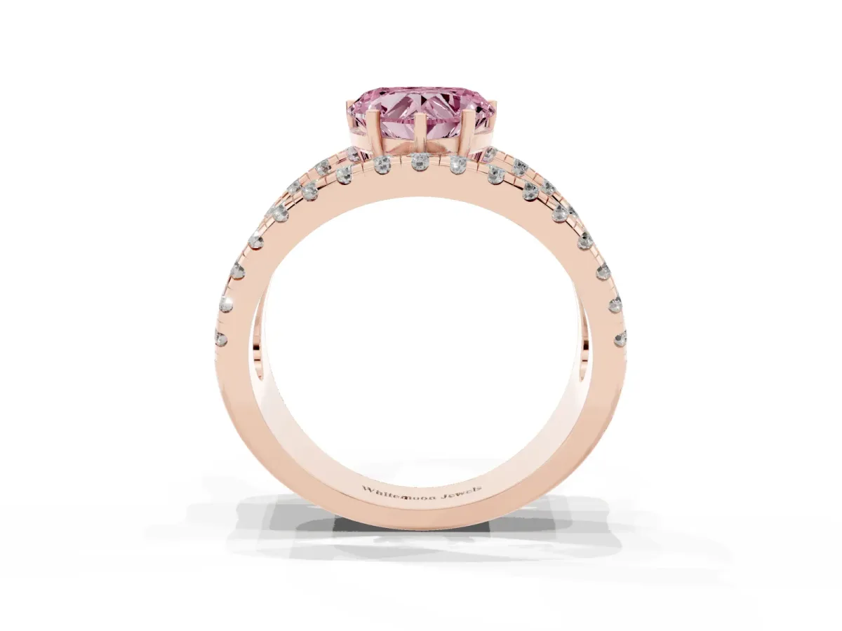 Fancy Pink Heart Cut Solitaire Split Shank Pave Diamond Ring Rose gold