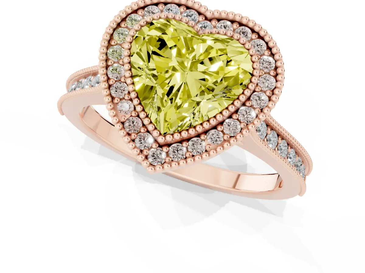 Fancy Yellow Halo Heart Cut-Cut Diamond Pave Band Milgrain Prong Setting Ring Rose gold