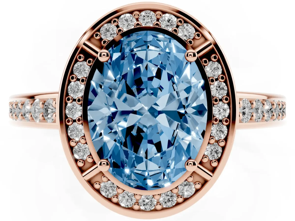 Fancy Blue Oval Cut Cut Halo Pave Split Shank Prong Setting Ring Rose gold