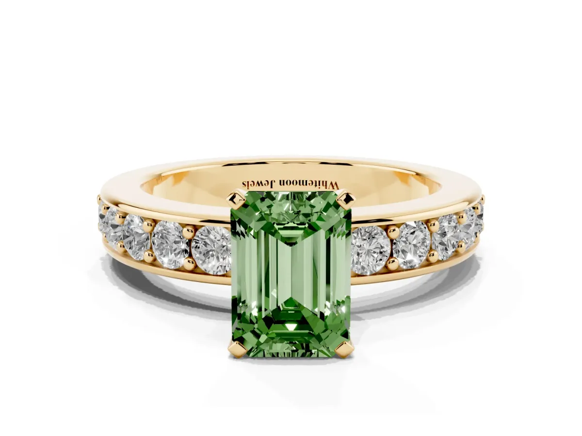 Fancy Green Emerald Cut Diamond Engagement Ring with Channel Set Round Band and Prong Setting Yellow gold