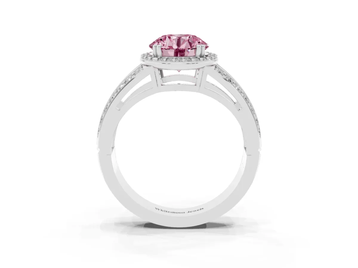 Fancy Pink Round Cut Diamond Halo Ring with Split Shank Pavé Band and Four-Prong Setting Platinum